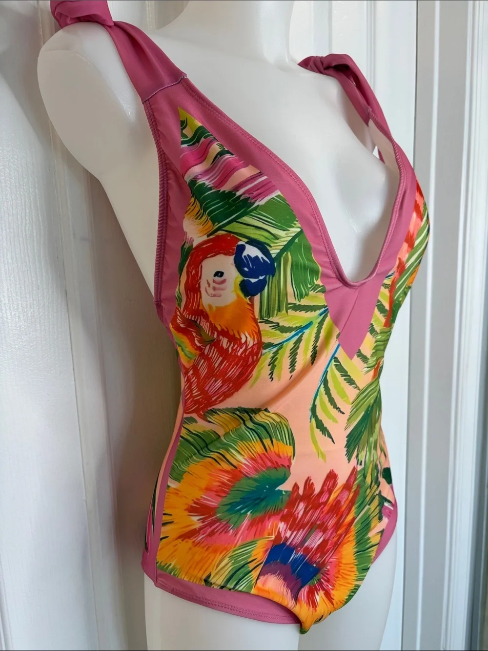 Pink Tropical One-Piece Swimsuit Tie Straps Matching Maxi Sarong Wrap Set Size M